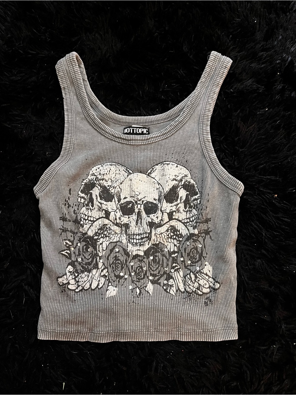 Hot Topic Grey Ribbed Skull & Rose Graphic Tank Top